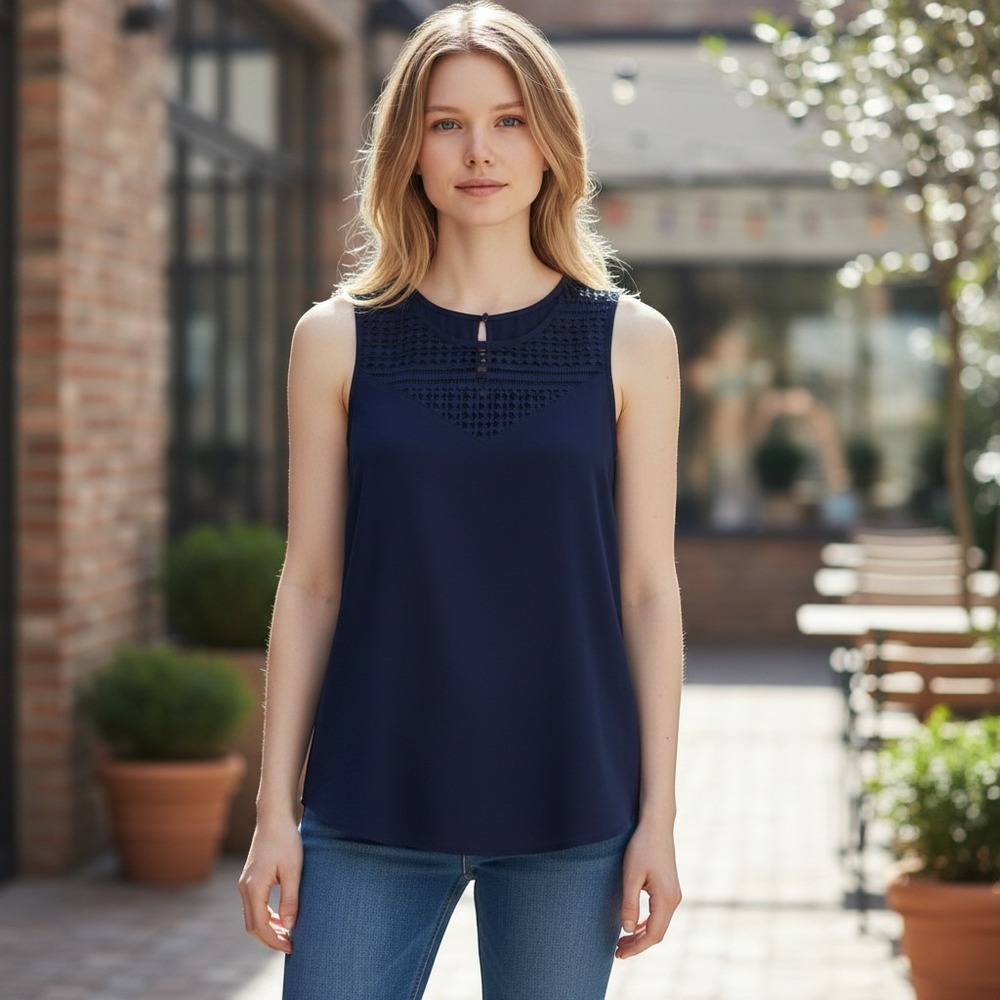 Banana Republic Navy Blue Sleeveless Mesh Yoke Embroidered Shell Blouse Small